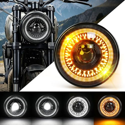 MGLLGHT DOT 7 Inch LED Headlight Motorcycle 1000% Bright DRL Amber Turn Signal High/Low Beam, Projector Angel Eyes Compatible with Electra Glide Tour FLD Softail Street Glide Road King - color: Starry Design