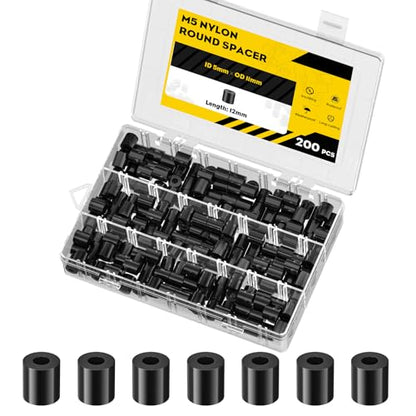 Vibit 200 Pcs M5 Nylon Spacers for Screws, ID 5 mm & OD 11 mm, 12 mm Length, Non-Threaded Plastic Spacers Round Spacers for M5 Screws, Electrical Outlet Spacers, Screw Spacers for Circuit Board, Black - size: M5,200PCS
