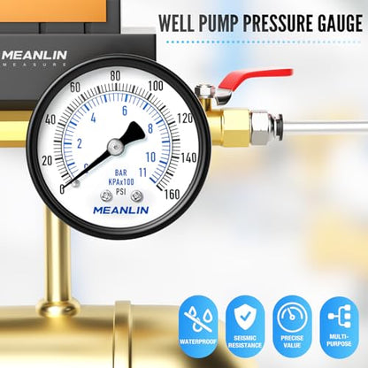 MEANLIN MEASURE 0-160Psi 2" DIAL FACE 1/4" NPT Well Pump Pressure Gauge, with 1/2" NPT and 3/8" NPT Hex Bushing, 3-2-3% Accuracy, Center Back Mount - color: 1/4"NPT Back Mount, size: 0-160Psi