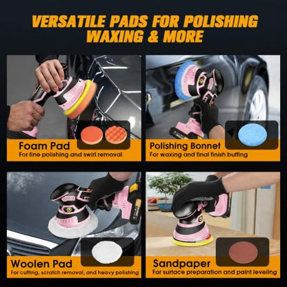 Cordless Car Buffer Polisher kit, DA Polisher with 2*21V Batteries - color: Pink