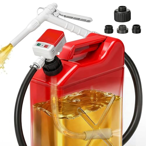 HCALORY Fuel Transfer Pump with Manual Hand Trigger Nozzle, 3.2 Gallon per Min Safe & Portable Gas Can Pump, USB-C & AA Battery Powered, Rubber 51" Hose & 4 Adapters for Gasoline, Diesel, Oil,Kerosene