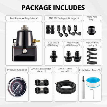 EVIL ENERGY EFI Fuel Pressure Regulator Kit Adjustable (20-120PSI) with Gauge 6AN PTFE Fuel Line Hose Fitting Connectors Kit Universal Aluminum (black) - color: Black
