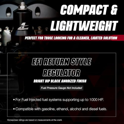Aeromotive 13136 EFI Fuel Pressure Regulator, Adjustable, 40-75 PSI, 2x -6 Inlet and -6 Return, Black Anodized