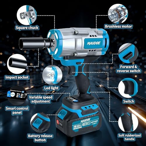 1600N.m (1180Ft-lbs) Cordless Impact Wrench, 21V 1/2" Brushless High Torque Impact Gun, 2×4.0Ah Batteries & 5 Sockets, 3-Speed Adjustment, Pistola De Impacto Drive for Car/Truck/RV/Mower Repair