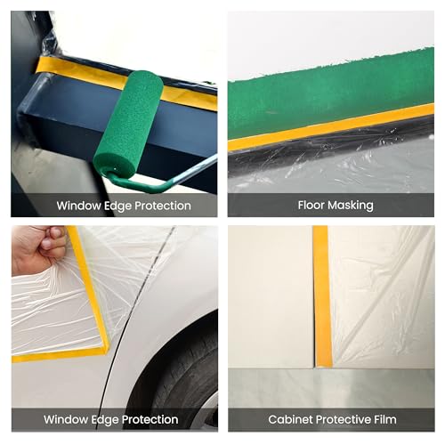 Voomey Pre-Taped Masking Film with Dispenser, Painters Tape with Plastic Attached, Automotive Painters Tape and Drape for Appliances, Furniture, Wood Surfaces & DIY Projects - 8ft x 49ft - size: 2400mm*15m, style: Dispenser System