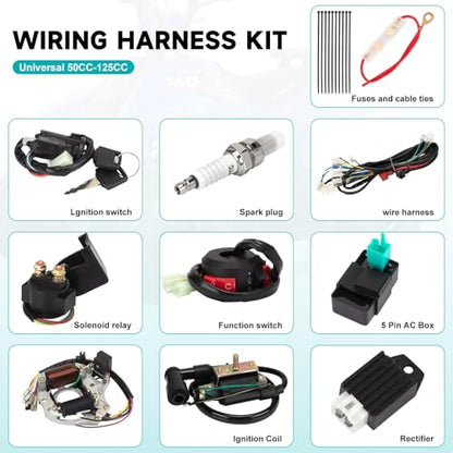 Complete Electrics Wiring Harness Kit for 4 Stroke ATV KLX (50cc 70cc 110cc 125cc) Quad Dirt Bike Go Kart taotao Stator Coil CDI Solenoid Spark Plug