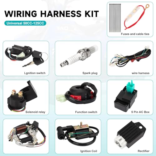 Complete Electrics Wiring Harness Kit for 4 Stroke ATV KLX (50cc 70cc 110cc 125cc) Quad Dirt Bike Go Kart taotao Stator Coil CDI Solenoid Spark Plug