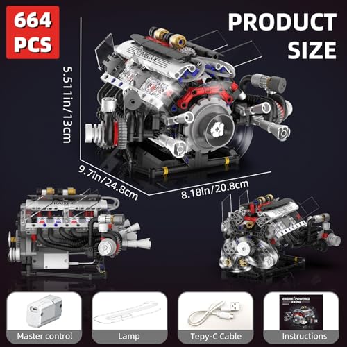 Mini V8 Engine Model Kit that Works for Adults Boys Kids,664PCS