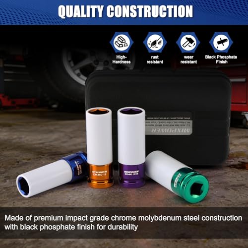 MIXPOWER 5 Pieces 1/2" Drive Wheel Protector Impact Socket Set, CR-MO, Metric/SAE, Thin Wall Deep Impact Socket Set, 6 Point, Color-Coded, 17mm, 19mm, 21mm, 13/16", 7/8" - size: 17 mm, 19 mm, 21 mm, 20.64 mm, 22.23 mm