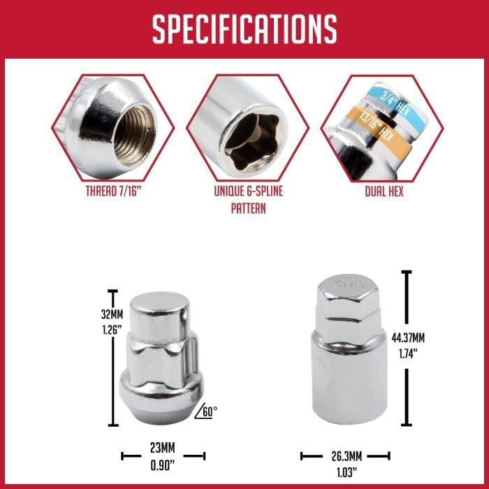 Wheel Accessories Parts 4 Locks + Key 7/16"-20 Thread Closed End Bulge 1.38" 35mm Long Wheel Lock Chrome Dual Hex Key 13/16" and 3/4" Hex Fits Classic Chevy, Buick, Pontiac Vehicles