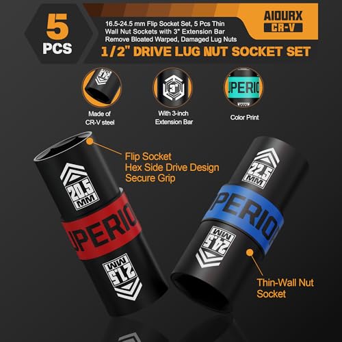 1/2" Drive Lug Nut Socket Set, 16.5-24.5 mm Flip Socket Set, 5 Pcs Thin Wall Nut Sockets with 3" Extension Bar, Remove Bloated Warped, Damaged Lug Nuts - size: 5PCS：16.5MM-24.5MM