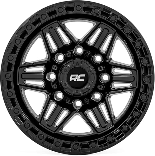 Rough Country 17x9 Series 76 Wheel with Simulated Beadlock - 5x5, 12mm OffSet - Gloss Black Lightweight Aluminum Off-Road Wheel for Jeep & Truck - size: 5x5, -12mm Offset