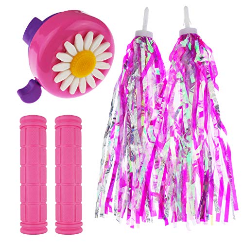 2 Pack Bicycle Bike Handlebar Scooter Streamers,1 Pack Bicycle Bell and Bicycle Handle Bar Grips - color: Pink bell+Hot pink bike streamers+ Pink bike grips