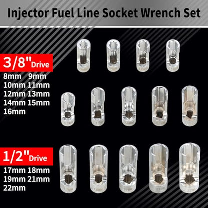 DPTOOL 14pcs Diesel Injector Fuel Line Socket 8-22mm Flare Nut Socket Set