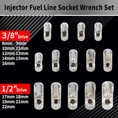 DPTOOL 14pcs Diesel Injector Fuel Line Socket 8-22mm Flare Nut Socket Set