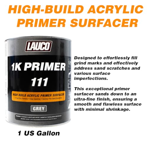 LAUCO 1K High Build Grey Acrylic Primer Surfacer Fast Drying, Easy Sanding, Excellent Adhesion for Metal, Steel, and Body Filler Automotive & Industrial Use, 1 Gallon