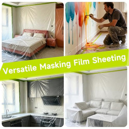 Pre-Taped Masking Film 59" x 66' (4 Roll), Painters Plastic Sheeting with Tape for Overspray Protection,Painting Cover for Cars, Walls, Floors, Furniture - size: 59" x 66'