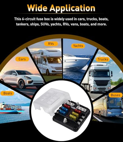 6 Way Fuse Block, Fuse Blocks 12 Volt Automotive with LED Indicator Water Resistant Marine Fuse Panel, Fuse Box 12V with 12 Blade Fuses for 12V/24V Auto Boat RV Golf Cart Truck Car Marine - color: 6 Way Fuse Block