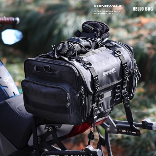 Rhinowalk Motorcycle Saddle Bag Motorbike Tail Bag Waterproof Expandable Pannier Bag Powersports Travel Luggage 33-45L (Black) - color: Black, size: 33-45L
