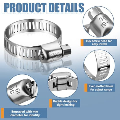 15PCS 1/4'' to 7/16'' Hose Clamps, 304 Stainless Worm Gear Clamps - size: 6-12mm(15Pcs)