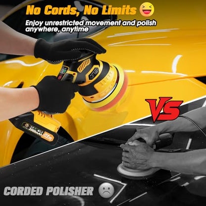 Cordless Car Buffer Polisher kit, DA Polisher with 2*21V Batteries - color: Yellow