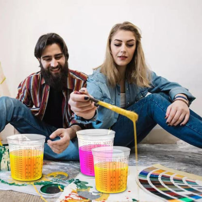 Yesland 12 Pack Paint Mix Cups with Lids and 50 Sticks - 64 Oz Graduated Paint Mixing Cups Plastic Epoxy Measuring Cups with Calibrated Mixing Ratios on Side of Cup for Activators, Thinner, Resin