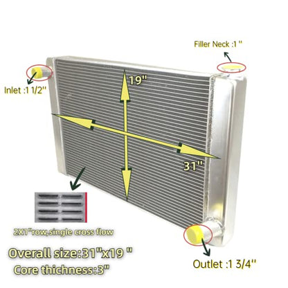JSD G169 2 Row Single Pass Aluminum Racing Radiator Overall 31" x19" x3" Compatible with Chevy GM SBC BBC - size: 31" x19" x3"