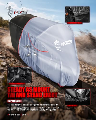 MZS Motorcycle Cover Waterproof Outdoor, Heavy Duty All Season Weather Sun Protection with Storage Bag Vents Night Reflective Cotton Lining Lock Holes fits up to 116" Motorcycles Vehicle Covers - size: XXX-Large 116 inches