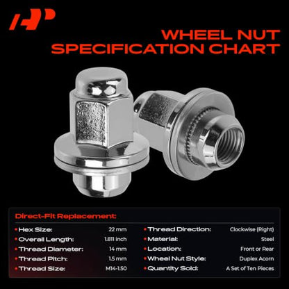 A-Premium Front or Rear M14-1.50 Wheel Lug Nuts, Set of 10 - style: 10PCS