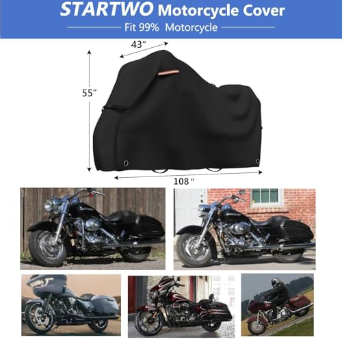 STARTWO Motorcycle Covers with Side Box Waterproof Outdoor for Harley Davidson Touring Models Road King,Road Glide,CVO Street Glide,Low Rider-ST,Electra Glide, and Most Motorcycles 108"x43"x55" Black - size: Side Box