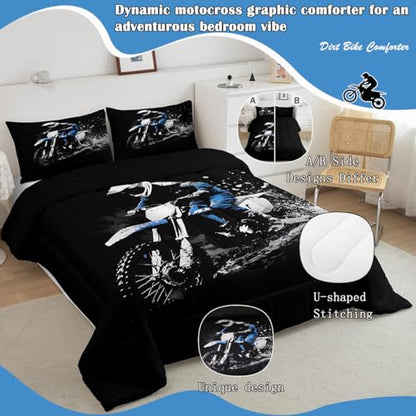 Feelyou Dirt Bike Comforter Set Twin Size Racing Themed Dirt Bike Bedding - color: Black Blue, size: Twin