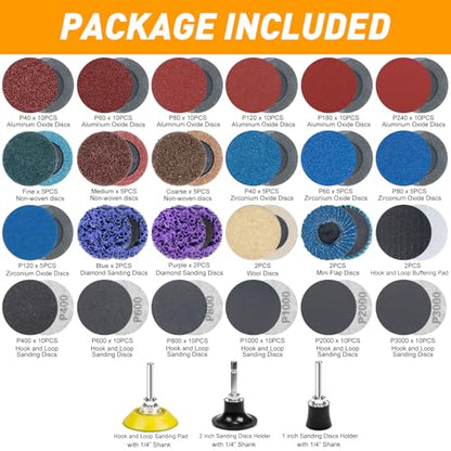 172 PCS 2" Quick Change Sanding Discs Kit with 1/4" Round & Hex Shank