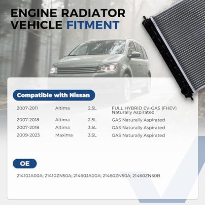 Engine Coolant Radiator Compatible with Nissan Altima 2007-2018 2.5L 3.5L, Maxima 2009-2023 3.5L, Aluminum Radiator with Transmission Oil Cooler, Replace CU2988 2988 OE 21460JA00A - size: CU2988 Radiator
