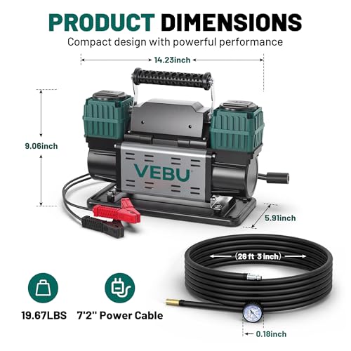 Heavy Duty Air Compressor 12V Tire Inflator, Dual Cylinder 125PSI with In-line Pressure Gauge, 10.6CFM Fast Inflation for Off-road Vehicles, Trucks, SUVs, RVs, ATVs, DC Power, Corded Electric - style: Dual Cylinders + Inline Gauge