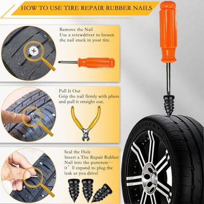 60Pcs Tire Repair Rubber Nails Kit with 4 Sizes, Tire Repair, Vacuum Tire Repair Rubber Nail, Screw in Tire Repair Plugs, Tire Rubber Nails Tool, Rubber Nails Tire Repair for Car, Motorcycle, Truck