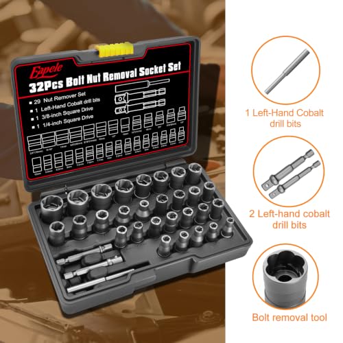 Eapele Bolt Extractor Set, Stripped Nut Remover Twist Sockets, Fit 3/8" Square Drive with Solid Storage Case (32pcs, Black) - size: 32pcs