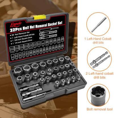 Eapele Bolt Extractor Set, Stripped Nut Remover Twist Sockets, Fit 3/8" Square Drive with Solid Storage Case (32pcs, Black) - size: 32pcs
