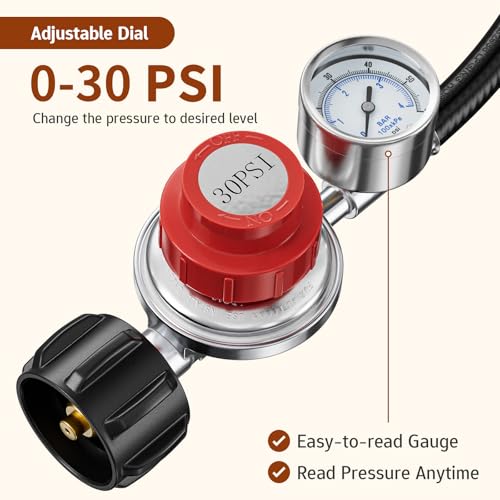 0-30 PSI Adjustable Propane Regulator with Gauge, 5 FT - size: 5 Feet