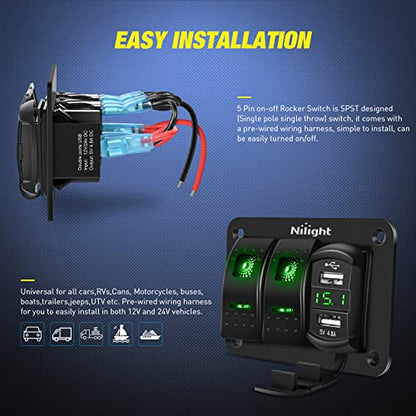 Nilight 2 Gang Rocker Switch Panel with Dual USB Socket Voltmeter - color: Green, size: 3 Gang Dual USB