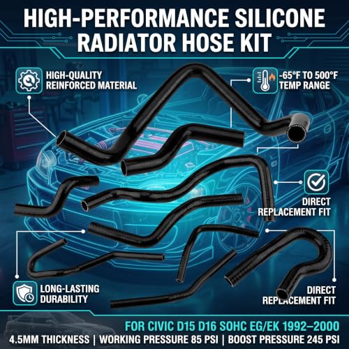 9pcs Silicone Auto Radiator Hose Kit, Coolant Pipe Car Radiator Hoses for D15 D16 SOHC EG/EK 1992-2000 (Black)