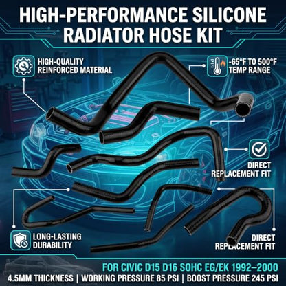 9pcs Silicone Auto Radiator Hose Kit, Coolant Pipe Car Radiator Hoses for D15 D16 SOHC EG/EK 1992-2000 (Black)