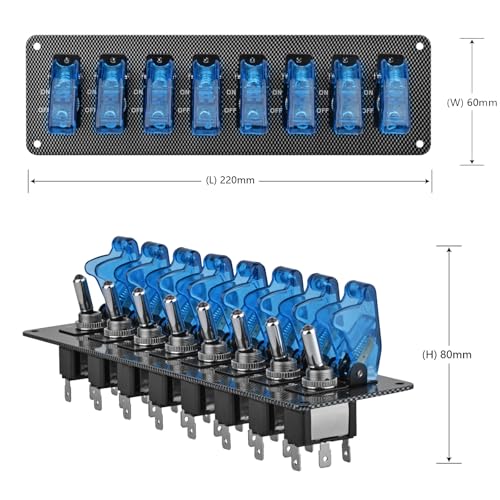 8 LED Racing Car Toggle Switch Panel 12V DC, Carbon Fiber Coated Aluminum Plate, Safety Cover Protection, Suitable for car, Truck, Ship Modification (8 Blue Switches) - color: Blue