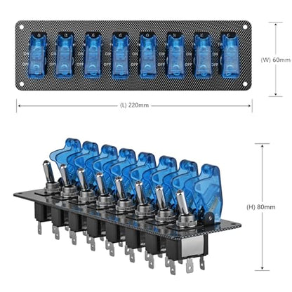 8 LED Racing Car Toggle Switch Panel 12V DC, Carbon Fiber Coated Aluminum Plate, Safety Cover Protection, Suitable for car, Truck, Ship Modification (8 Blue Switches) - color: Blue