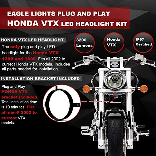 Eagle Lights 5.75 inch LED Motorcycle Headlight Kit for Honda with Bracket and Hardware - Plug and Play (Chrome Generation III with Halo Ring) fits 2002-2008 VTX 1800, VTX 1300 - color: Chrome Generation III w/ Halo Ring