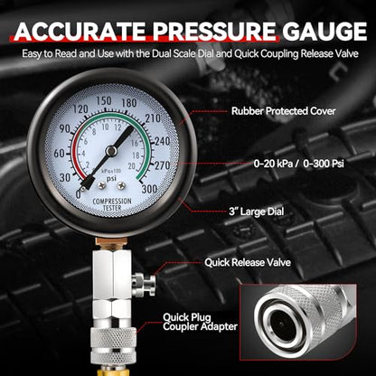 Auto Dynasty 8 Pieces Kit - 3-in-1 Engine Compression Tester Automotive Quick & Accurate Cylinder 0-300 Psi Pressure Measurement Tool with Carrying Case Universal for Vehicles (Red)