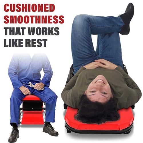BullsArmor Mechanic Creeper Bench & Stool 2 in 1 - Folding Adjustable Chair Z Design 300 Lbs Capacity - Heavy Duty Garage Seat Tool 6 Wheels - Gift Ideas for Car Guy Maintenance Repair Shop Equipment