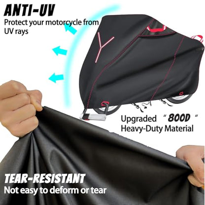 800D Motorcycle Cover 91 Inch - Outdoor Moped Cover with Lock Hole Universal Fit, Heavy Duty & All-Weather Waterproof Motor Cycle Protection Fit for Harley, Honda, Kawasaki, Fit Up to 91" Motorcycles - size: (XL) 91" x 37" x 49"