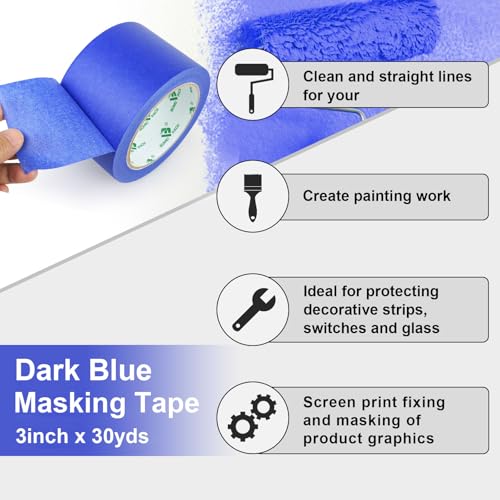 BOMEI PACK Wide Blue Painters Tape 3 Inches x 30 Yards, 3D Tape, 3D Printing Tape for Laser Cutting, 21-Day Clean Removal Wide Masking Tape - color: Blue