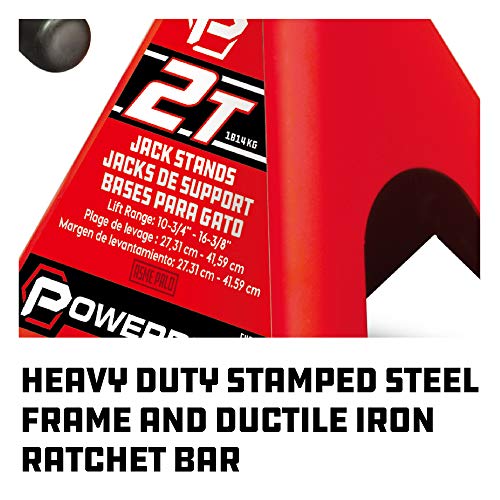 Powerbuilt 2 Ton Ratchet Jack Stand Pair, 4000 Pound 2-Piece Heavy Duty Steel Stands, Wide Angle Stability, Adjustable Height - Red 640399 - size: 2 Ton