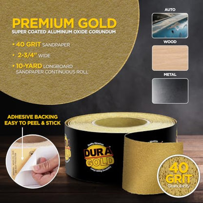 Dura-Gold Gold PSA Longboard Sandpaper, 40 Grit, 20 Yard Roll, 2-3/4" Wide - size: 40-Grit